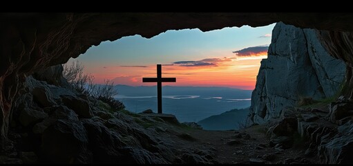 View from the cave at dawn of the Catholic cross with copy space.