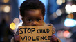 child holds a sign that says STOP CHILD VIOLENCE