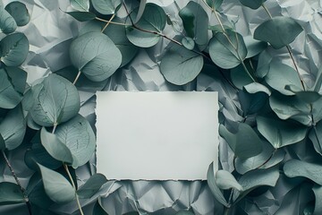 Wall Mural - Elegant Design: White Invitation Card with Subtle Eucalyptus Accents. Concept Elegant Design, White Invitation Card, Subtle Eucalyptus Accents
