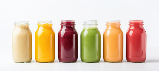 Wall Mural - Row of healthy fresh fruit and vegetable smoothies with assorted ingredients served in glass bottles with straws isolated on white background	