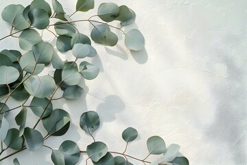 Wall Mural - Elegant Bird's Eye View of a White Invitation Card with Eucalyptus Leaves. Concept Bird's Eye View Photography, Elegant Invitation Card, Eucalyptus Leaves, Stylish Composition