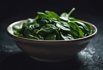 Wall Mural - Baby spinach leaves in a bowl on dark background close up
