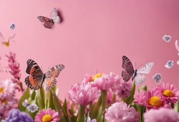 Wall Mural - Beautiful spring and summer flowers and butterflies on pink banner Spring Easter or summer holiday background with space for text