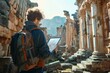 © Oleg Kozlovskiy - A modern-day explorer with a backpack stands immersed in reading a digital tablet amidst the timeless majesty of ancient column ruins, bridging the gap between past and present