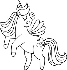 Wall Mural - Vector black and white unicorn with horn and mane. Fantasy line animal with wings standing on back feet. Fairytale horse character for kids. Cartoon magic creature icon or coloring page.