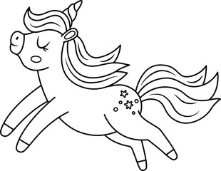 Wall Mural - Vector black and white unicorn with yellow horn and pink mane. Fantasy line running animal with closed eyes. Fairytale horse character for kids. Cartoon magic creature icon or coloring page.