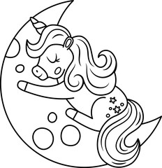 Wall Mural - Vector black and white unicorn with horn and mane. Fantasy outline animal sleeping on half moon. Fairytale line horse character for kids. Cartoon magic creature icon or coloring page.