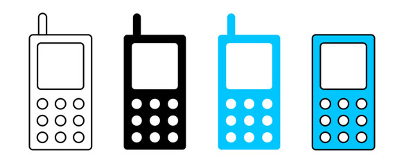 Wall Mural - Cellphone icon set in fill and outline old retro style with keypad and antenna in black and blue color on white background- Vector Icon