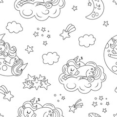 Wall Mural - Vector black and white seamless pattern with sleeping unicorns. Repeat background with fairytale characters, falling stars. Fantasy world digital paper. Good night texture, coloring page.