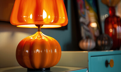 Wall Mural - close up of an orange pumpkin shaped lamp on a modern drawer