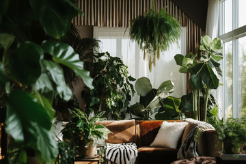 Wall Mural - Cozy living room with indoor plants. Home gardening and biophilic design. Authentic home interior