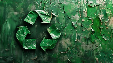 Wall Mural - recycling sign in the center and green background, concept: Sustainability, copy space, 16:9