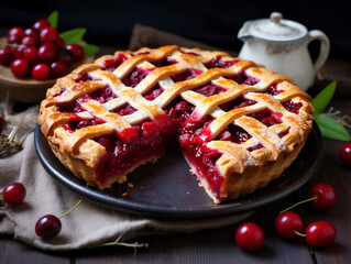 Sticker - Homemade cherry pie on a plate on a dark wooden background.