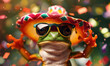 cheerful green frog donning sunglasses and a festive mexican hat surrounded by a shower of confetti