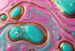 Pink neon bubbles and golden wave on aquamarine swirls background Fluid Art Marble effect background