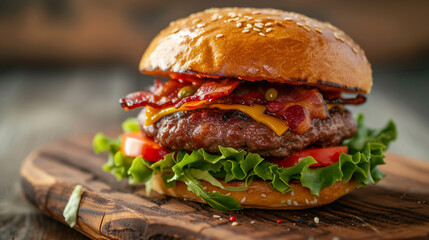 Poster - tasty juicy burger on a wooden table