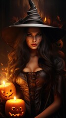 Wall Mural - Mysterious lady in black attire, a bewitching portrait of a witch on a spellbinding Halloween eve.