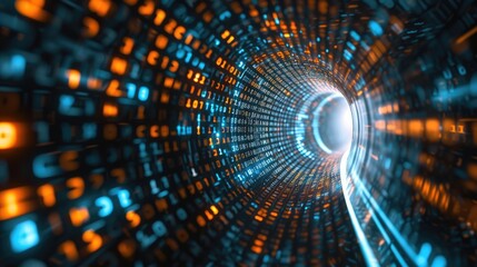 Futuristic visualization of a digital data tunnel with flowing lines of code and light points, symbolizing high-speed data transfer and advanced communication technology.