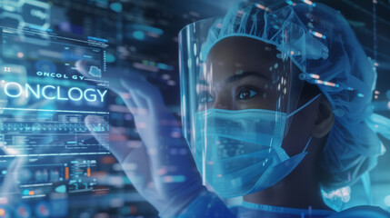 Wall Mural - female medical professional in scrubs and a surgical mask, standing in front of a screen displaying the word 