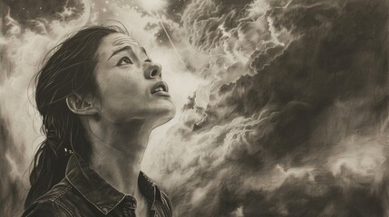 Wall Mural - Black and white illustration of a woman looking up, praying towards the sky. Worship.