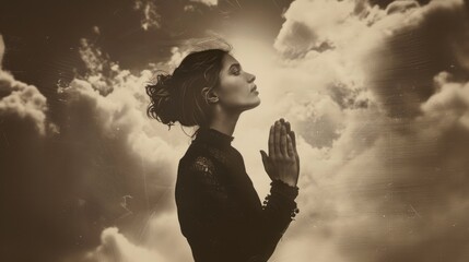 Wall Mural - Portrait of a woman looking up against sky with clouds. Worship.