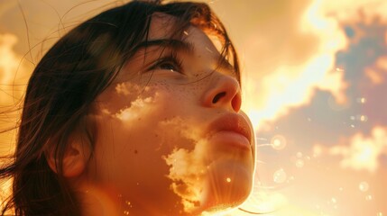 Wall Mural - Double exposure of woman praying against sky background with clouds and light. Worship.