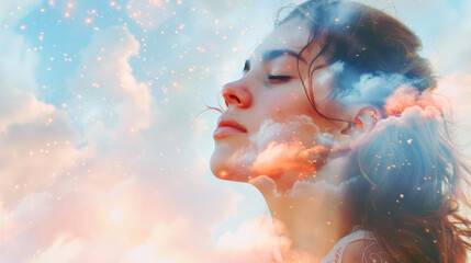 Wall Mural - Double exposure of woman praying against sky background with clouds and light. Worship.