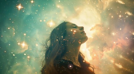 Wall Mural - Portrait of a beautiful young woman praying with closed eyes against the background of the night starry sky. Worship.