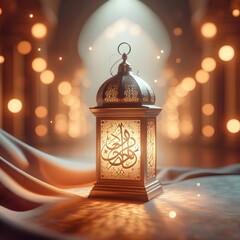 Wall Mural - 3d painting Islamic lantern Eid lamps  with the word Ramadan wallpaper