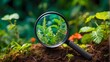 studies in phytology, plant science, plant biology, or botany. Learn about gardening and agriculture. magnifying lens on a vivid background of natural plants