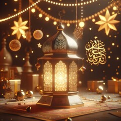 3d painting Islamic lantern Eid lamps  with the word Ramadan wallpaper