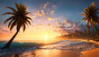 Abendrot oder Sonnenaufgang am Strand mit tropischen Palmen, einem Ozean oder Meer aus türkisen Wasser mit Wellen und einem weiten Himmel mit Sonne Wolken in bunten Farben schöner Urlaub Insel Küste