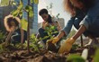 A group of diverse individuals, including men and women of various ethnicities, is seen planting trees in a local park. They are actively working together to improve the environment and greenery of th