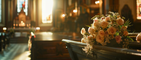 Church funeral service, closed coffin, with a bouquet of roses