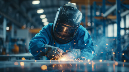 Canvas Print - worker in protective gear using a welding tool on metal, with sparks flying around in an industrial setting.