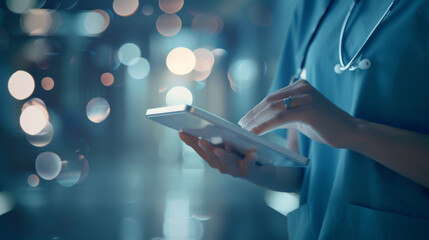 Poster - healthcare professional in teal scrubs is holding a digital tablet, with a stethoscope around their neck.