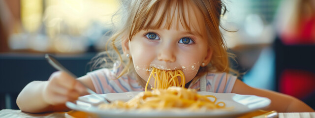 Wall Mural - Happy little girl eating delicious pasta at the kitchen table