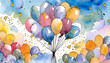 bunte Illustration, viele bunte Luftballons an Fäden, die zusammengebunden sind vor dem Himmel, Pastellfarben