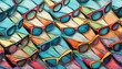 Viele Sonnenbrillen liegen glrichmäßig schräg aneinandergereiht nebeneinander, farbenfrohe Illustration