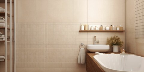 Wall Mural - Cream light ceramic wall chequered and floor tiles mosaic background in bathroom