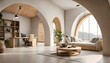 Ultra realistic  photo of Modern take on  bali inspired low ceiling small apartment white cream stone, light wood round arches interor view of office.