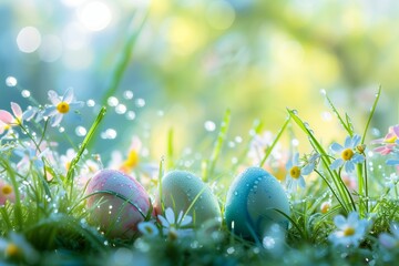 serene Easter morning scene in a blurred garden setting, with dew-kissed grass and pastel eggs nestled among the flowers.