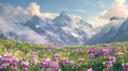 Idyllic mountain landscape of Alps with blooming meadows in springtime