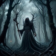 A cloaked figure with a scythe stands in a dark, foggy forest surrounded by twisted trees. ai generative