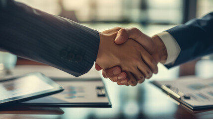 close-up of two people in business attire shaking hands over a reflective table with a clipboard and pen in the foreground