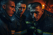 Brave Firemen Team, Sweaty and Muscular, Direct Gaze
