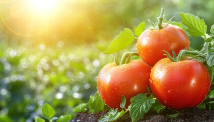 Wall Mural - Organically grown red tomatoes on bush in greenhouse with copy space, agriculture concept