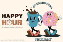 Funky Groovy Cartoon Character Coffee Happy Hour Banner. Vintage Funny Mascot Patch Psychedelic Smile, Emotion. Design Art For Cafe, Bar, Restaurant. Comic Trendy Vector Illustration