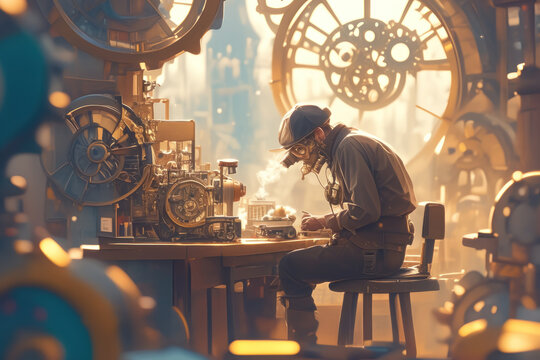 tired steampunk inventor beside mechanical contraption ,fantasy scenery. digital artwork. fantasy il