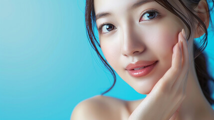 Skin care background with beautiful smiling asian girl model isolated